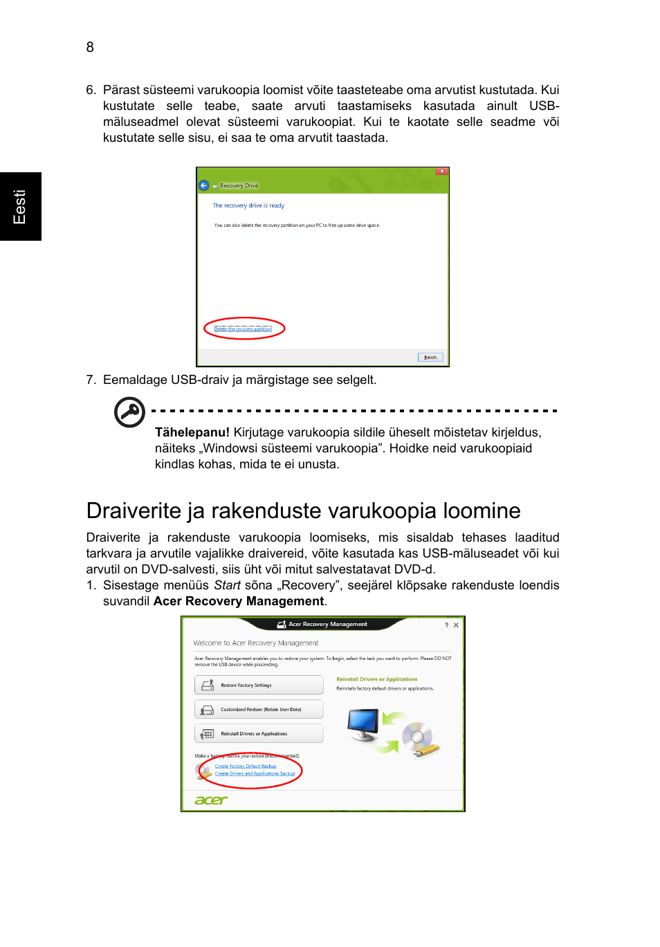 Draiverite ja rakenduste varukoopia loomine | Acer Aspire V5-571G User Manual | Page 1702 / 2484