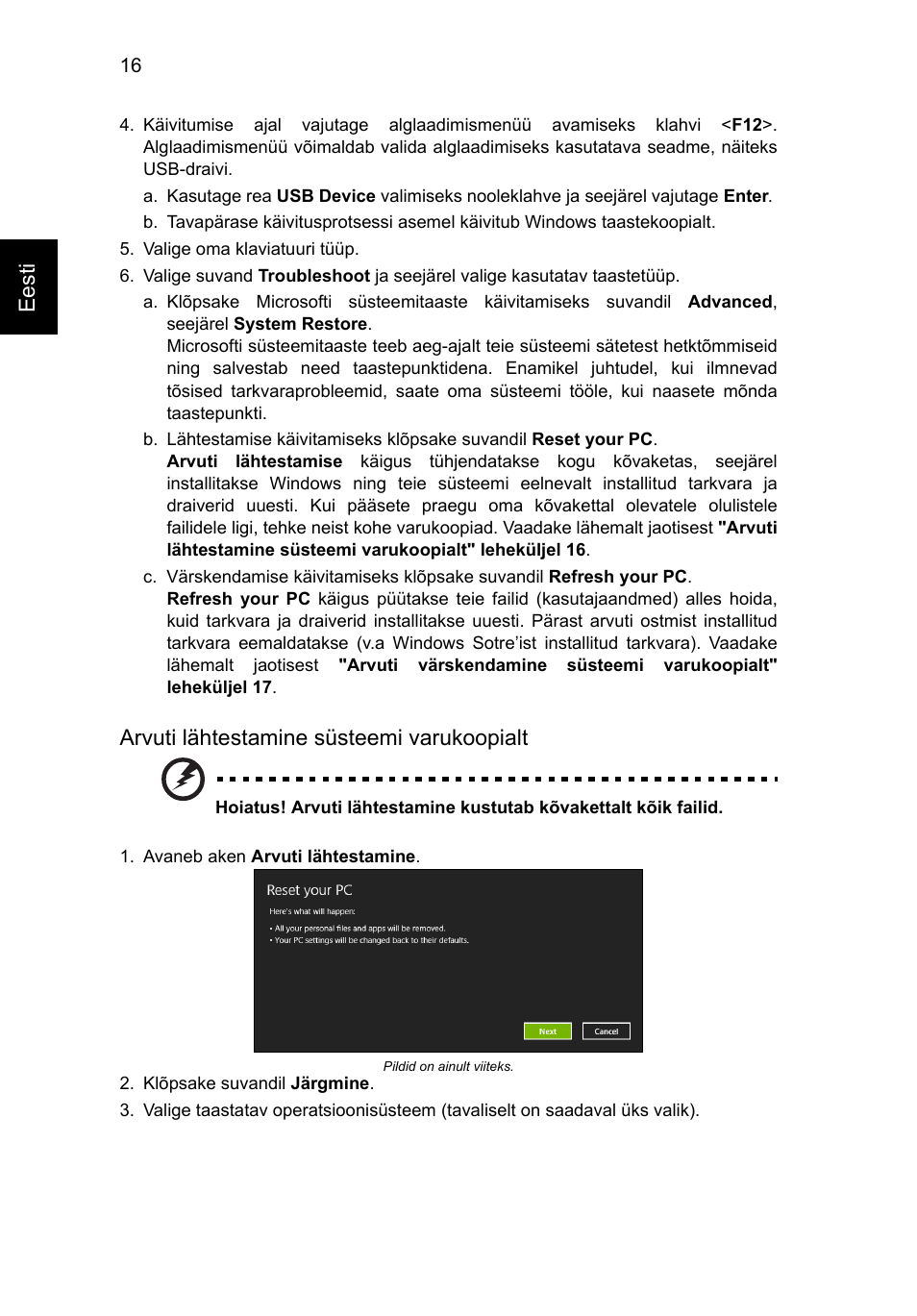 Eesti, Arvuti lähtestamine süsteemi varukoopialt | Acer Aspire V5-571G User Manual | Page 1710 / 2484