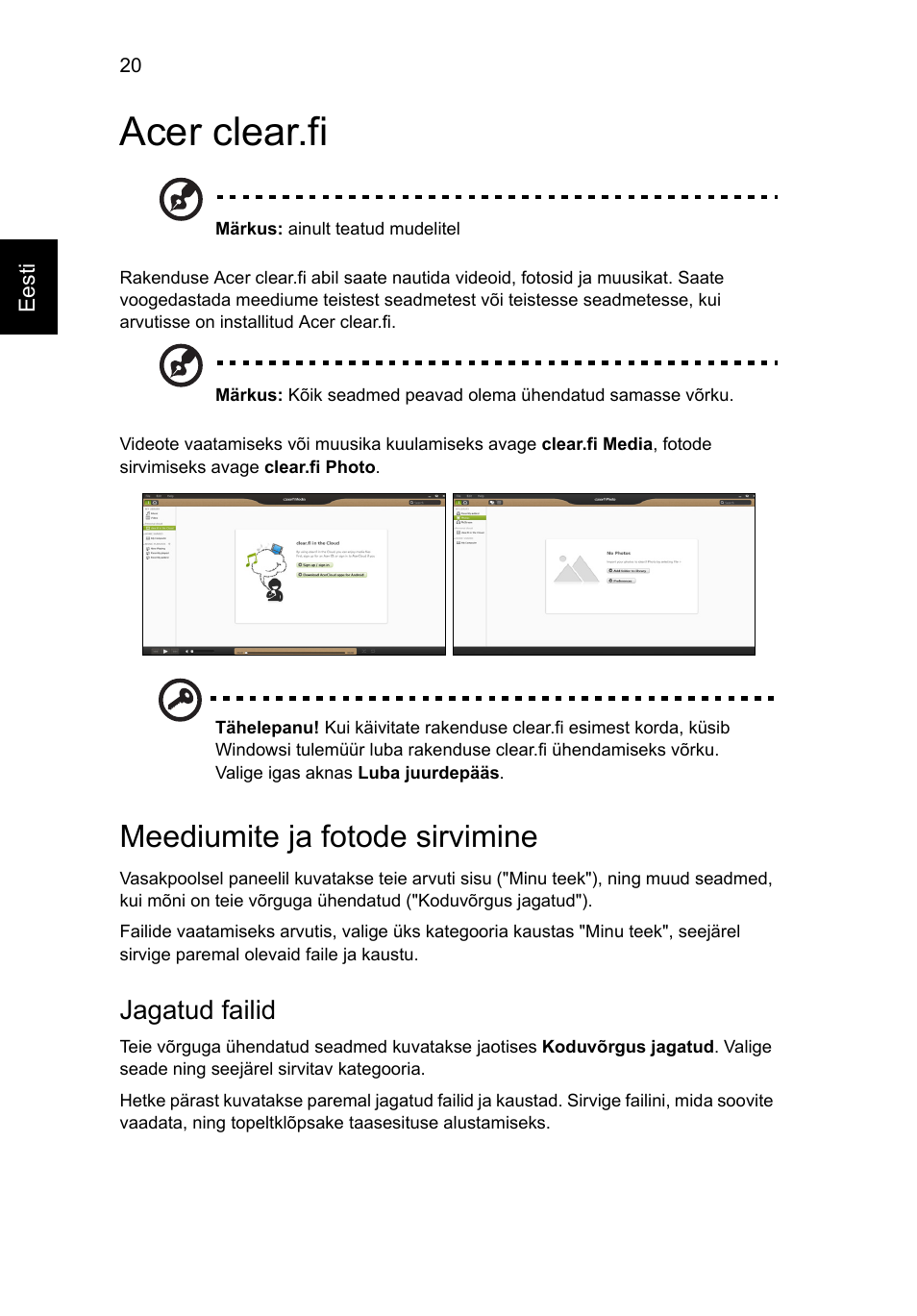 Acer clear.fi, Meediumite ja fotode sirvimine, Jagatud failid | Acer Aspire V5-571G User Manual | Page 1714 / 2484