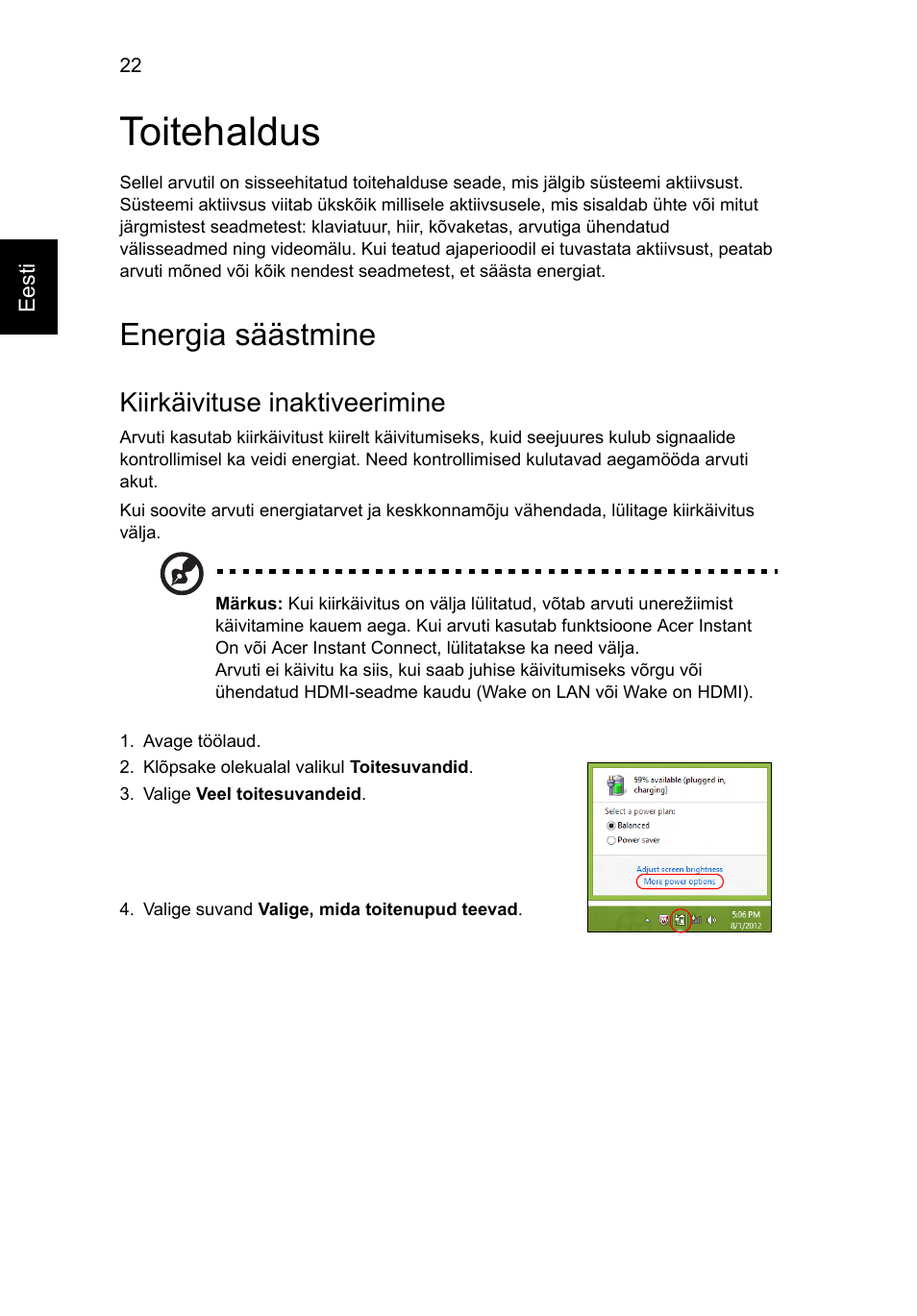 Toitehaldus, Energia säästmine, Kiirkäivituse inaktiveerimine | Acer Aspire V5-571G User Manual | Page 1716 / 2484