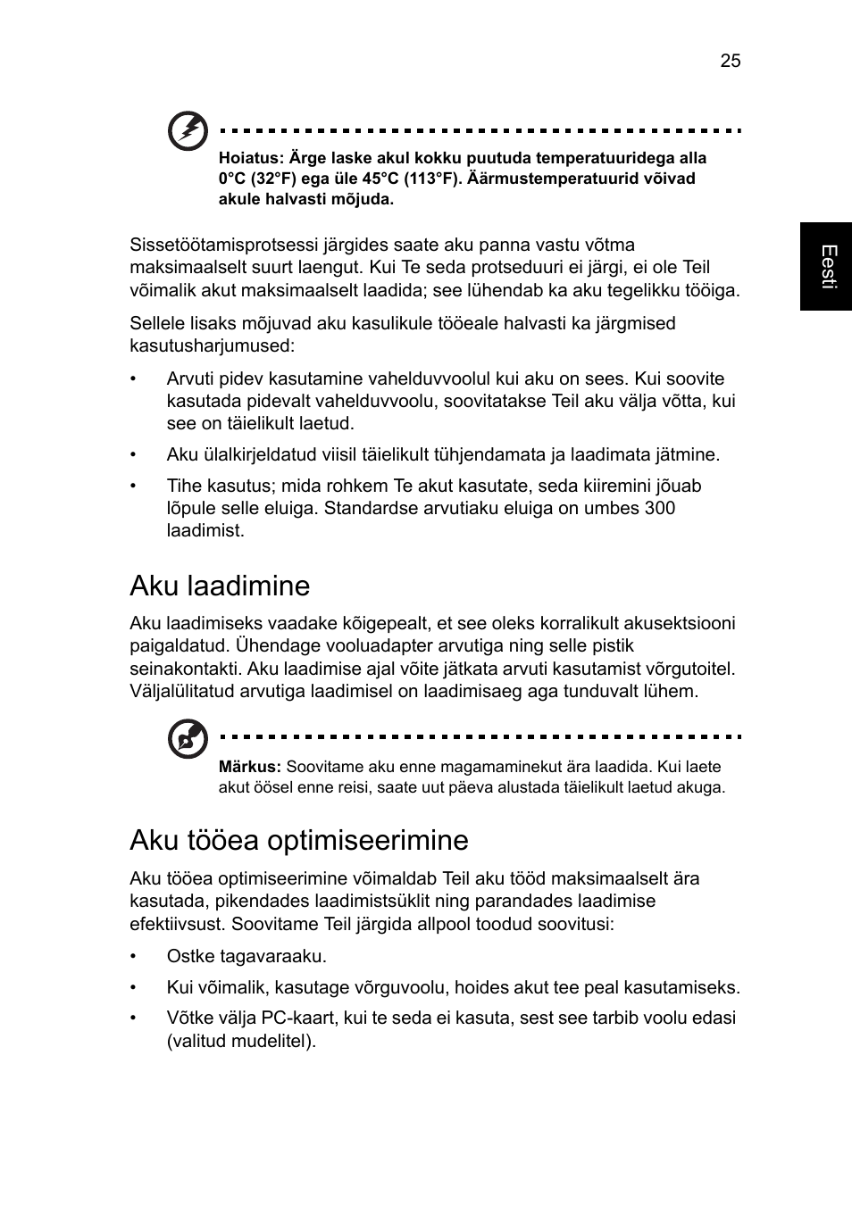 Aku laadimine, Aku tööea optimiseerimine | Acer Aspire V5-571G User Manual | Page 1719 / 2484