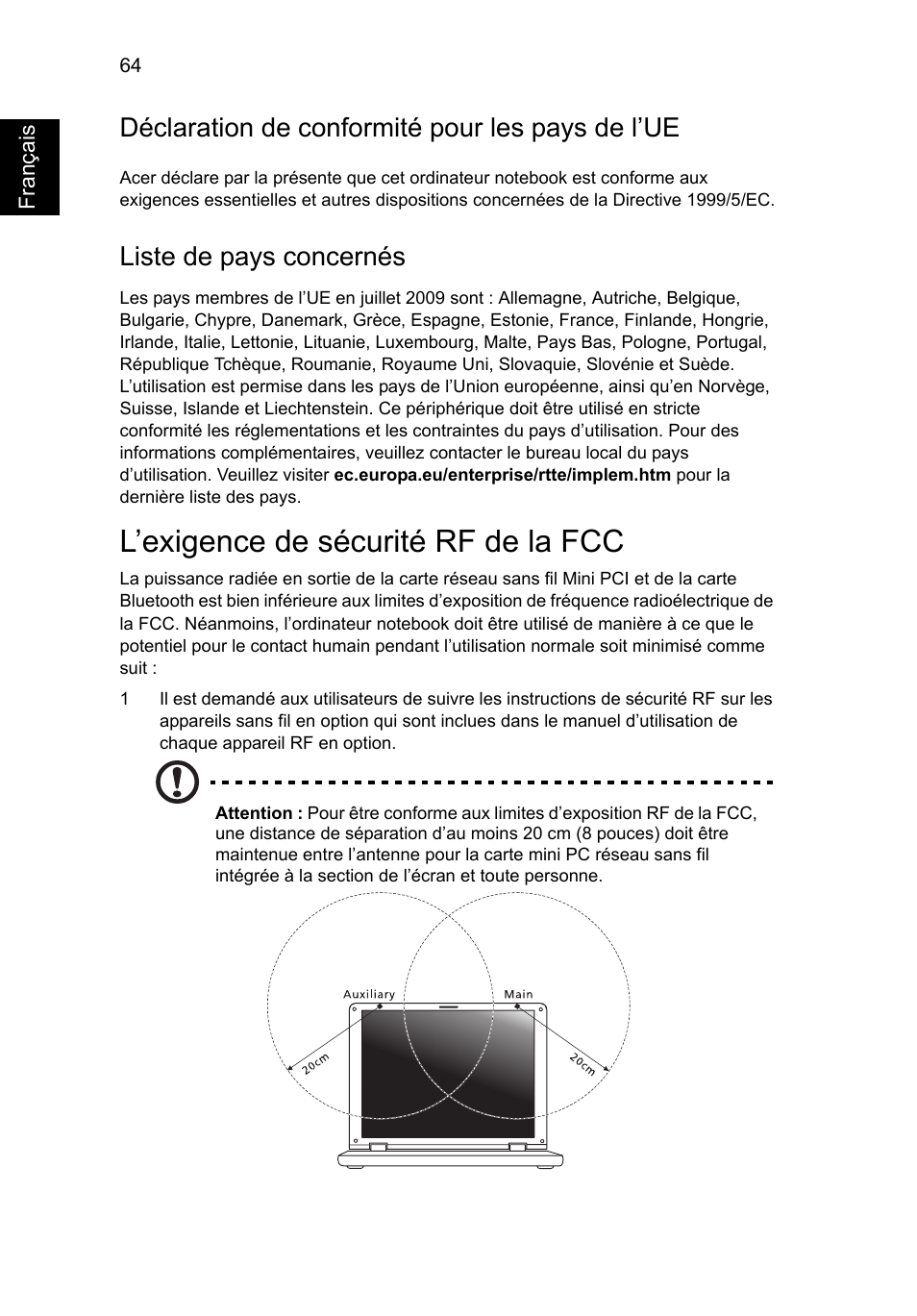 L’exigence de sécurité rf de la fcc, Déclaration de conformité pour les pays de l’ue, Liste de pays concernés | Acer Aspire V5-571G User Manual | Page 172 / 2484