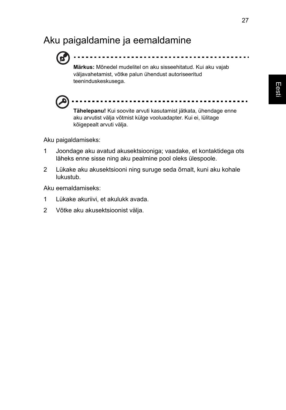 Aku paigaldamine ja eemaldamine | Acer Aspire V5-571G User Manual | Page 1721 / 2484