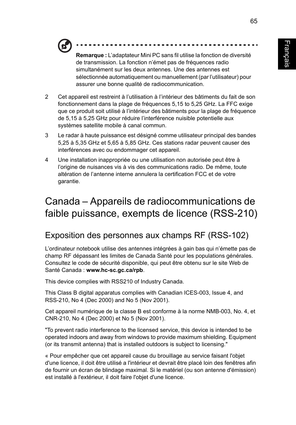 Exposition des personnes aux champs rf (rss-102), Français | Acer Aspire V5-571G User Manual | Page 173 / 2484