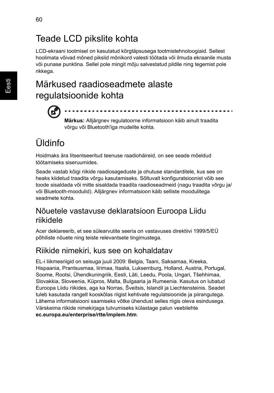 Teade lcd pikslite kohta, Üldinfo, Riikide nimekiri, kus see on kohaldatav | Acer Aspire V5-571G User Manual | Page 1754 / 2484