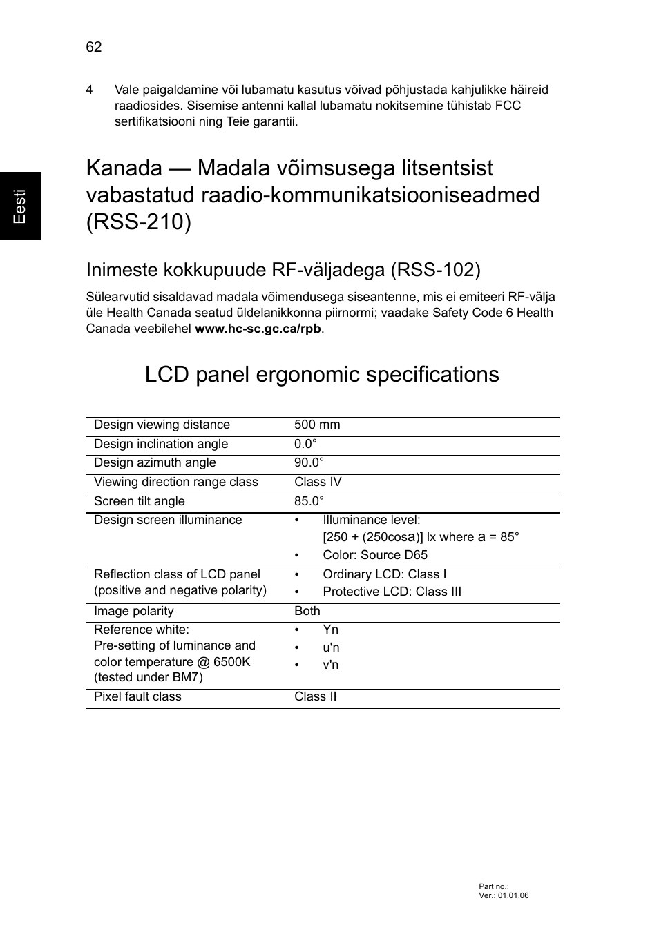 Lcd panel ergonomic specifications, Inimeste kokkupuude rf-väljadega (rss-102) | Acer Aspire V5-571G User Manual | Page 1756 / 2484