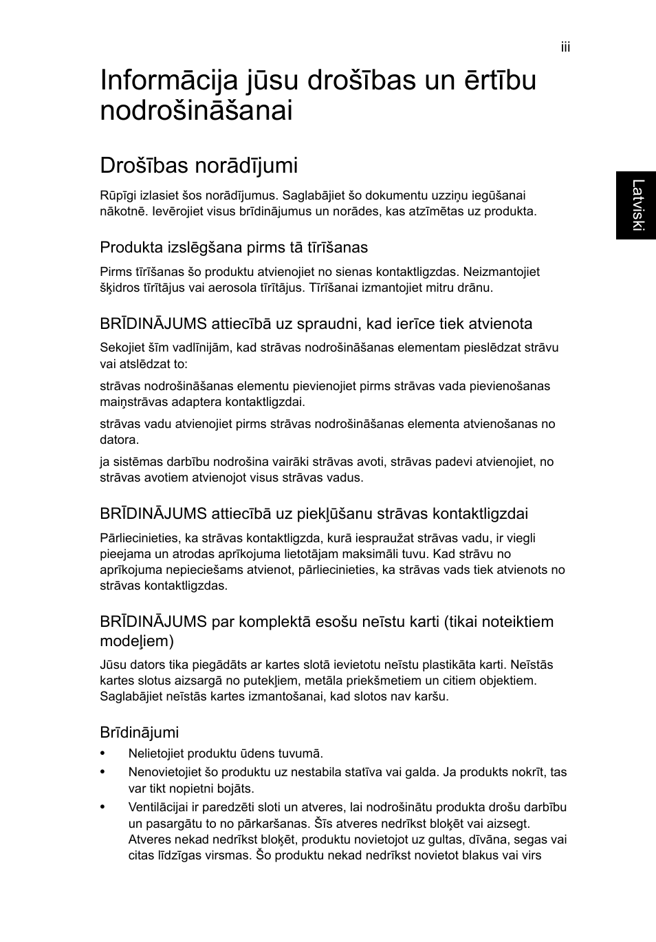 Informācija jūsu drošības un ērtību nodrošināšanai, Drošības norādījumi | Acer Aspire V5-571G User Manual | Page 1759 / 2484