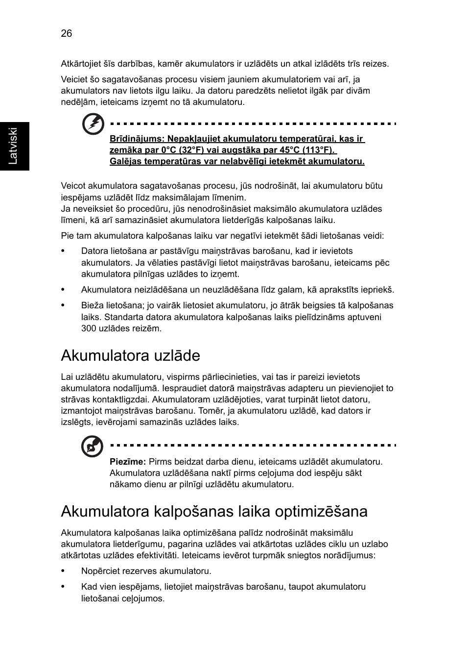 Akumulatora uzlāde, Akumulatora kalpošanas laika optimizēšana | Acer Aspire V5-571G User Manual | Page 1802 / 2484