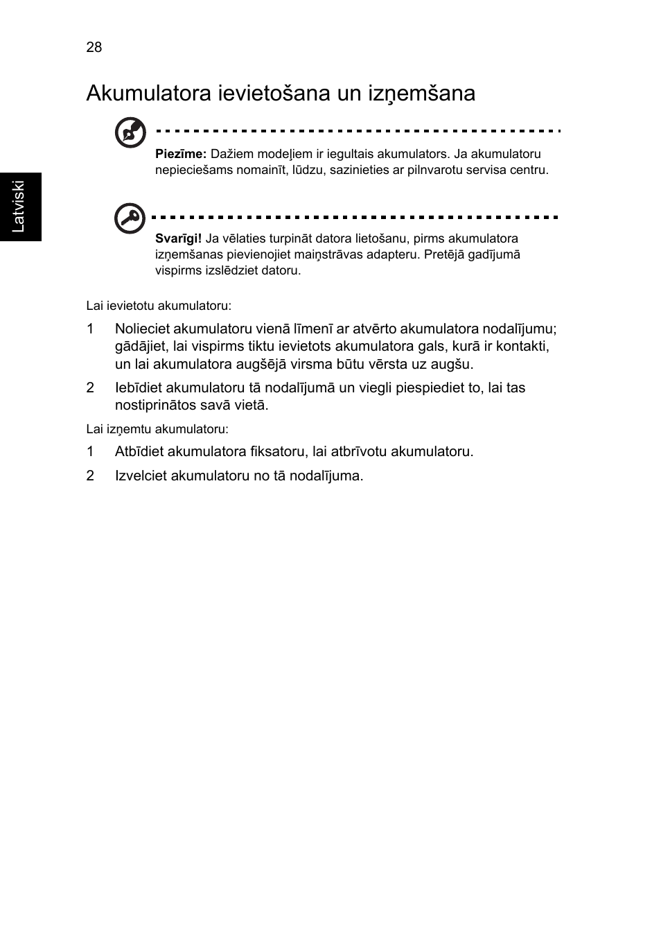 Akumulatora ievietošana un izņemšana | Acer Aspire V5-571G User Manual | Page 1804 / 2484
