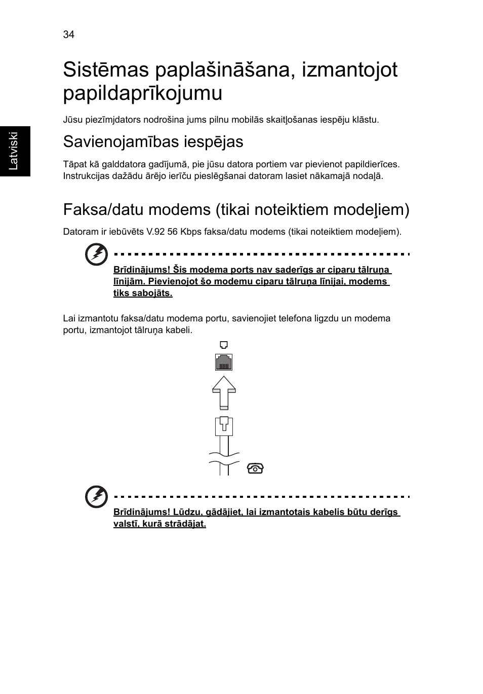 Savienojamības iespējas, Faksa/datu modems (tikai noteiktiem modeļiem) | Acer Aspire V5-571G User Manual | Page 1810 / 2484