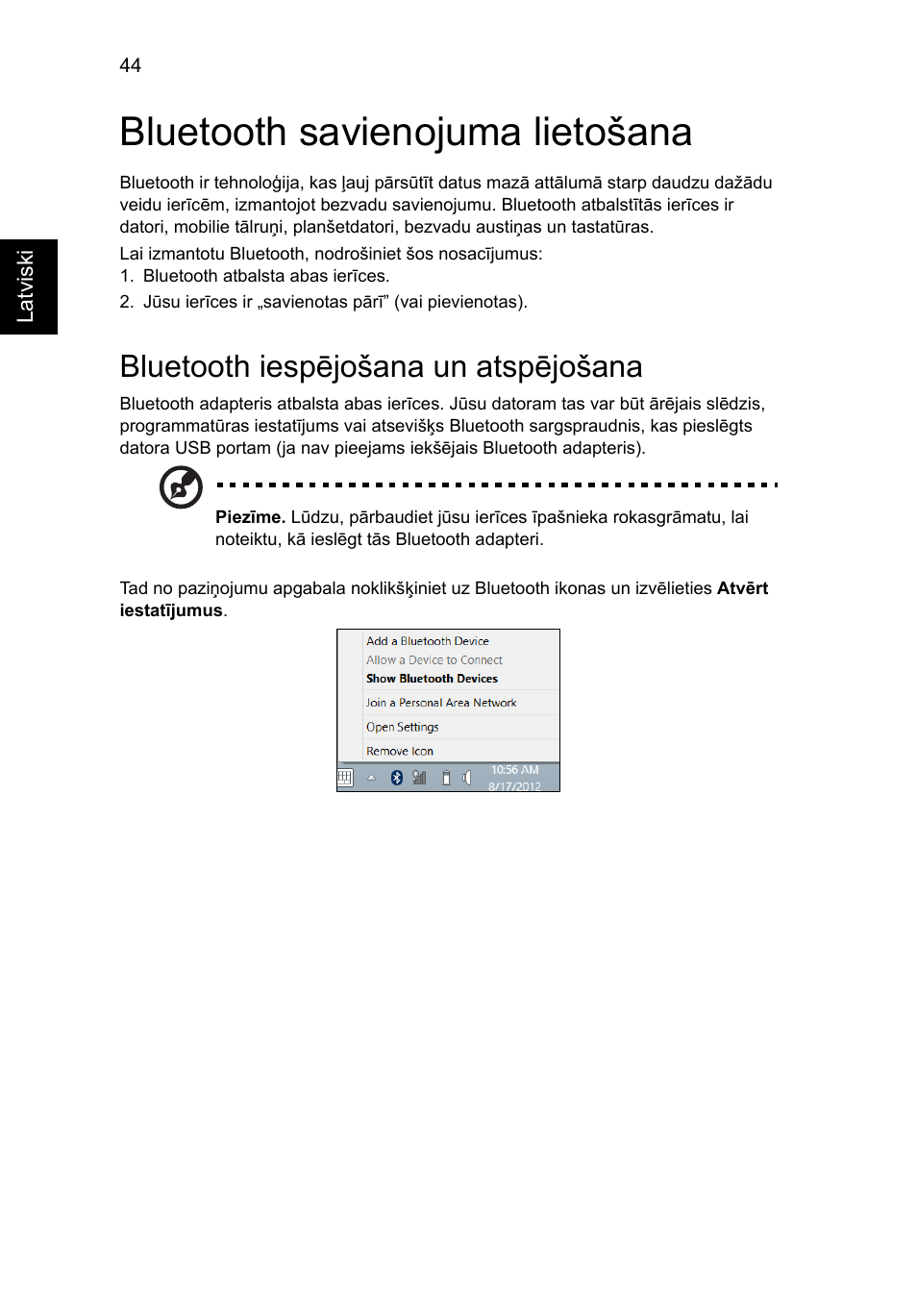 Bluetooth savienojuma lietošana, Bluetooth iespējošana un atspējošana | Acer Aspire V5-571G User Manual | Page 1820 / 2484