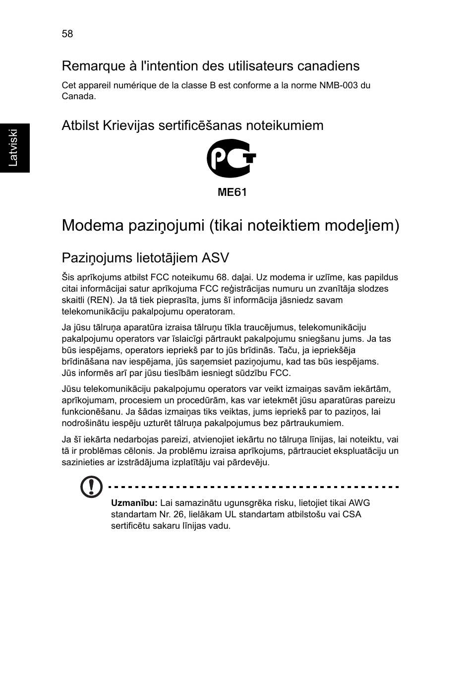 Modema paziņojumi (tikai noteiktiem modeļiem), Remarque à l'intention des utilisateurs canadiens, Paziņojums lietotājiem asv | Acer Aspire V5-571G User Manual | Page 1834 / 2484