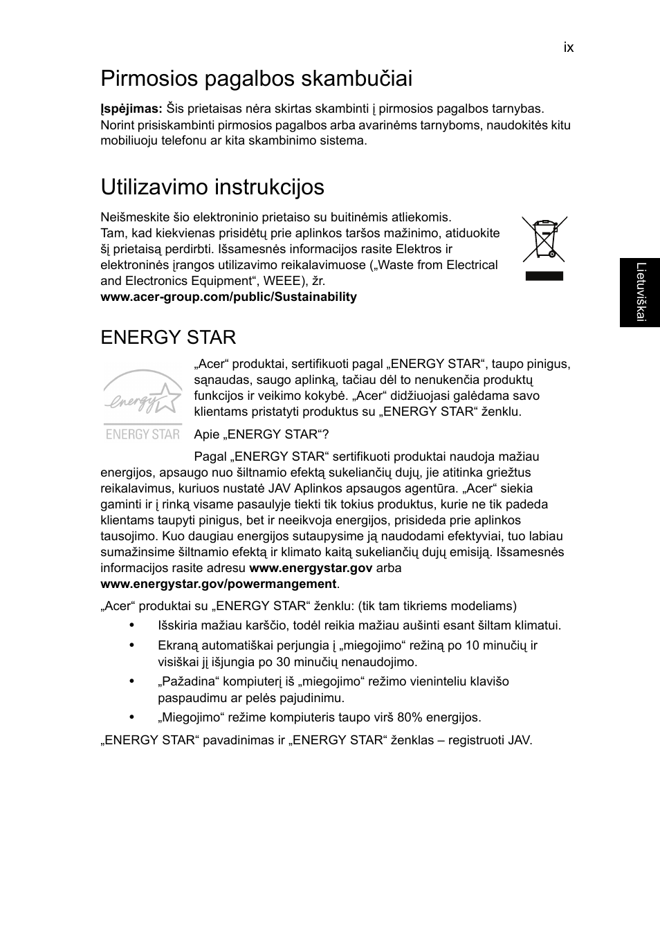 Pirmosios pagalbos skambučiai, Utilizavimo instrukcijos, Energy star | Acer Aspire V5-571G User Manual | Page 1847 / 2484