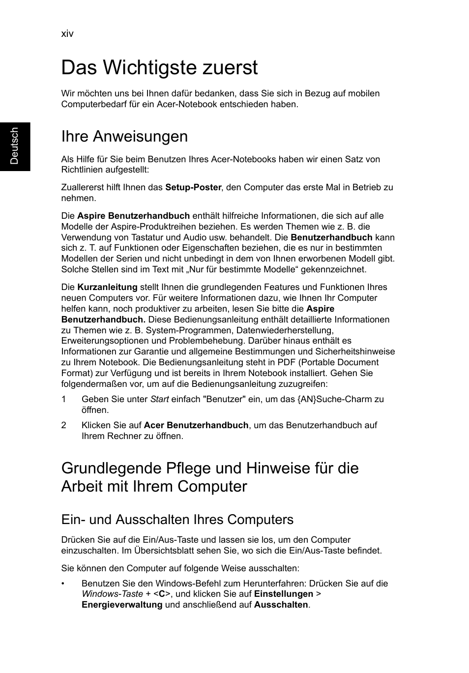 Das wichtigste zuerst, Ihre anweisungen, Ein- und ausschalten ihres computers | Acer Aspire V5-571G User Manual | Page 188 / 2484