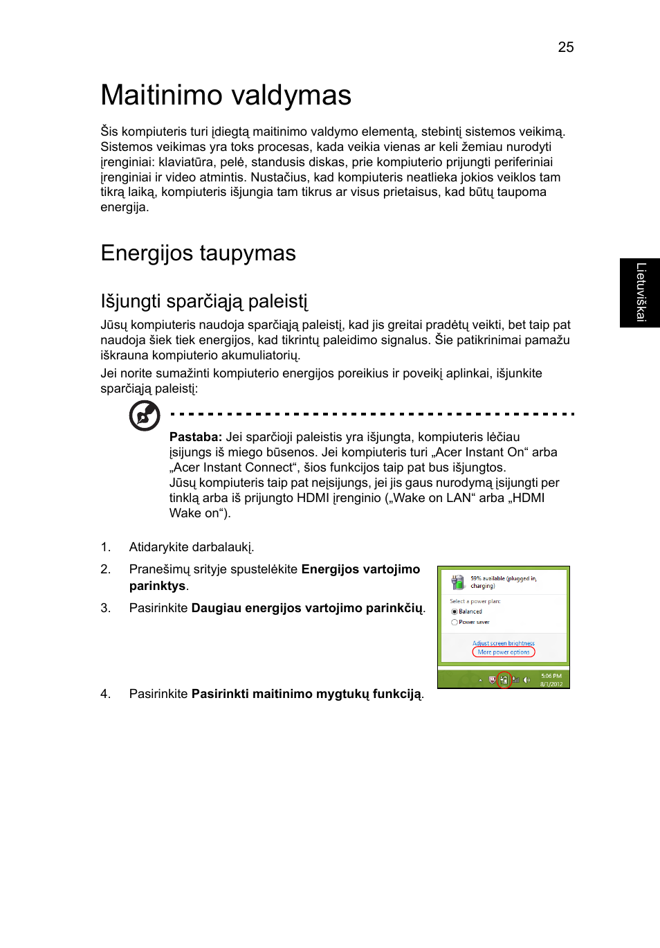 Maitinimo valdymas, Energijos taupymas, Išjungti sparčiąją paleistį | Acer Aspire V5-571G User Manual | Page 1881 / 2484