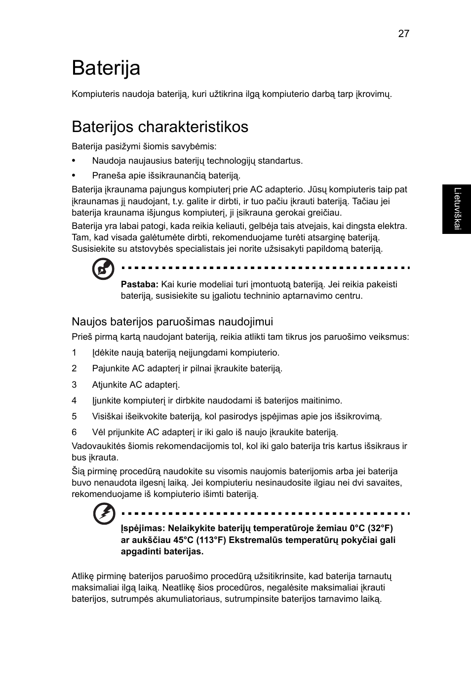 Baterija, Baterijos charakteristikos | Acer Aspire V5-571G User Manual | Page 1883 / 2484