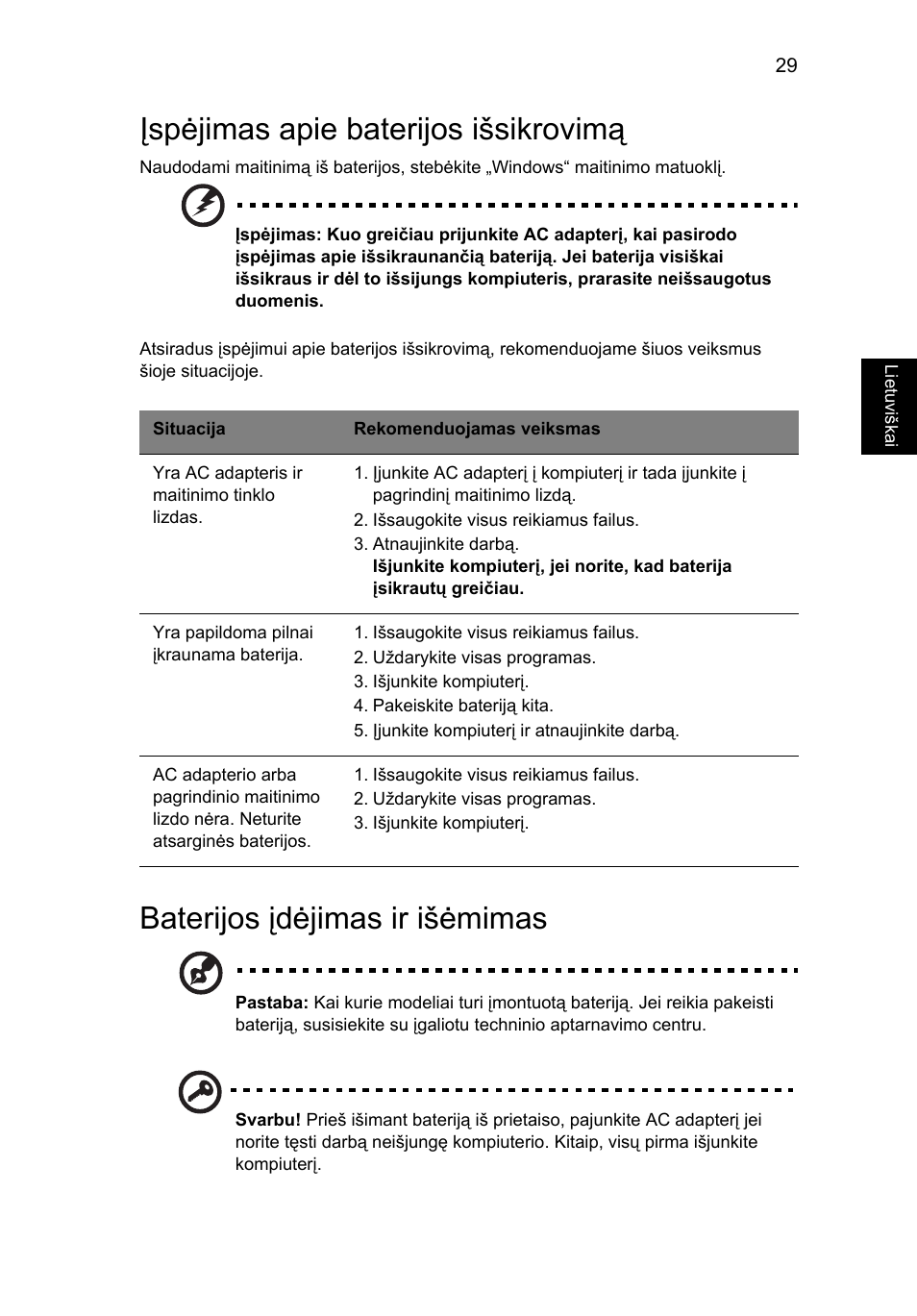 Įspėjimas apie baterijos išsikrovimą, Baterijos įdėjimas ir išėmimas | Acer Aspire V5-571G User Manual | Page 1885 / 2484