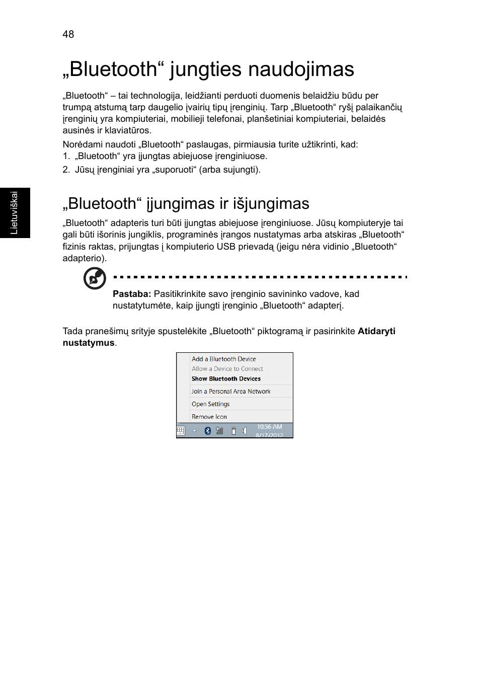 Bluetooth“ jungties naudojimas, Bluetooth“ įjungimas ir išjungimas | Acer Aspire V5-571G User Manual | Page 1904 / 2484