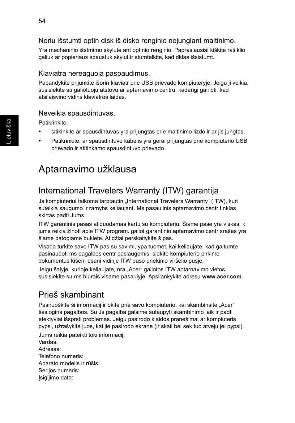 Aptarnavimo užklausa, International travelers warranty (itw) garantija, Prieš skambinant | Acer Aspire V5-571G User Manual | Page 1910 / 2484