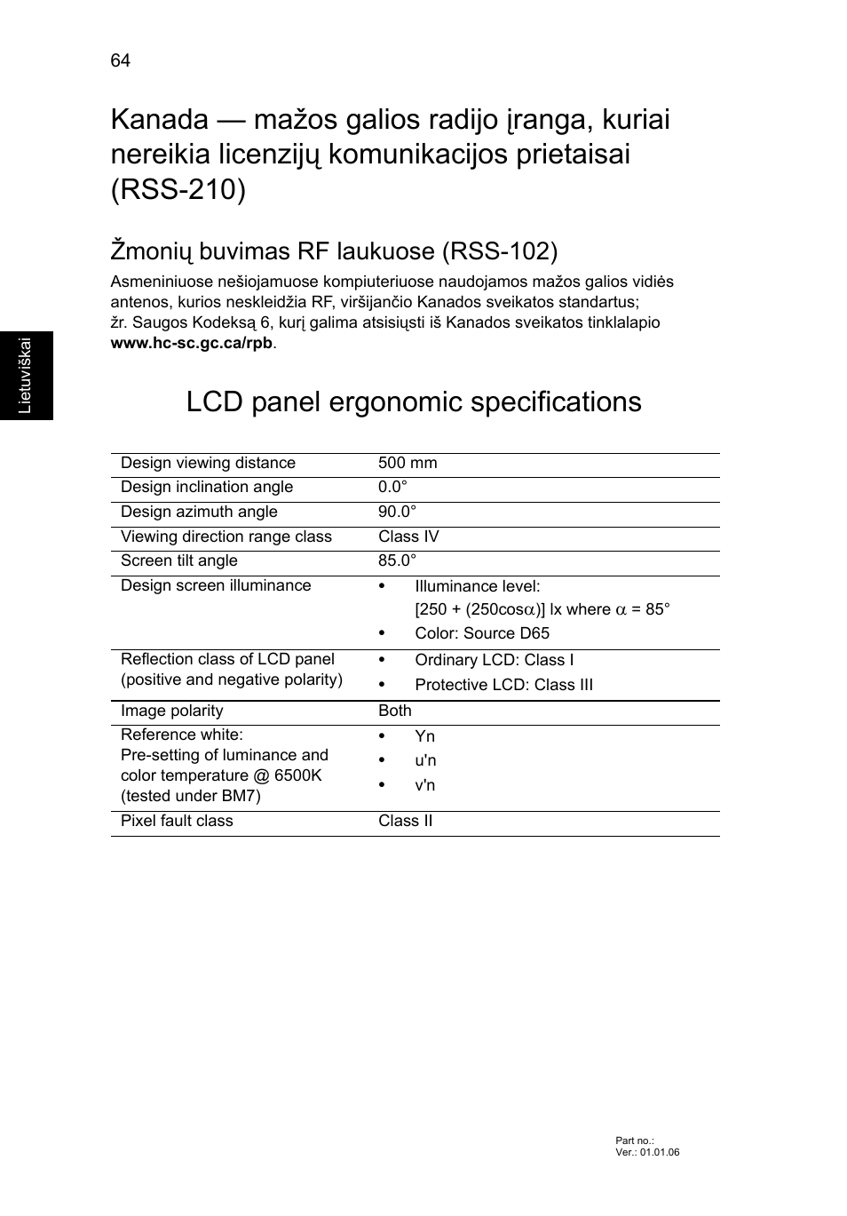 Lcd panel ergonomic specifications, Žmonių buvimas rf laukuose (rss-102) | Acer Aspire V5-571G User Manual | Page 1920 / 2484