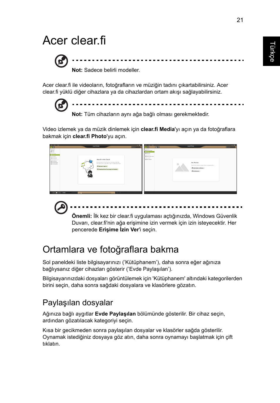 Acer clear.fi, Ortamlara ve fotoğraflara bakma, Paylaşılan dosyalar | Acer Aspire V5-571G User Manual | Page 2055 / 2484