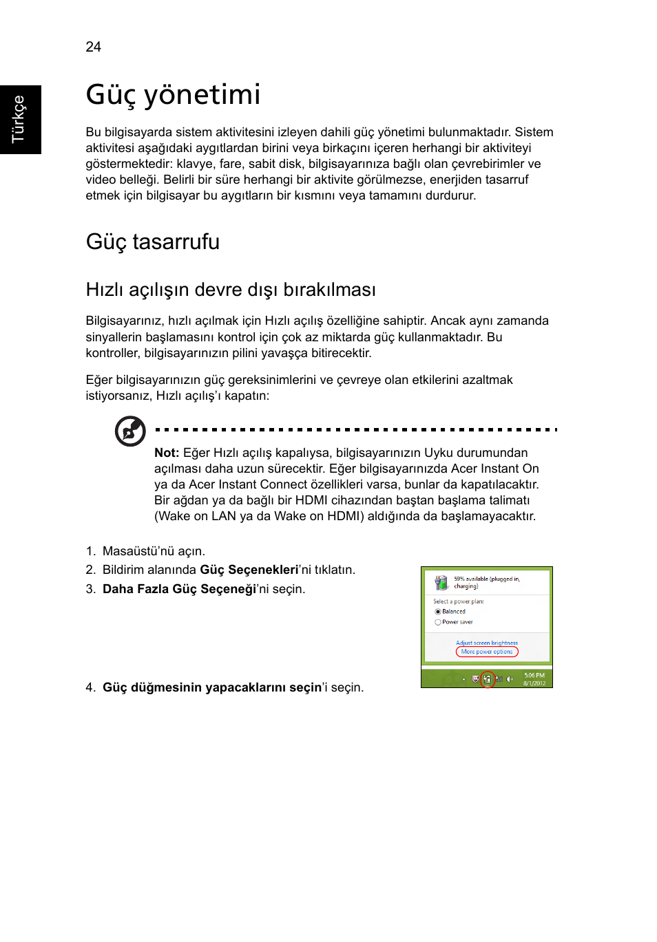 Güç yönetimi, Güç tasarrufu, Hızlı açılışın devre dışı bırakılması | Acer Aspire V5-571G User Manual | Page 2058 / 2484