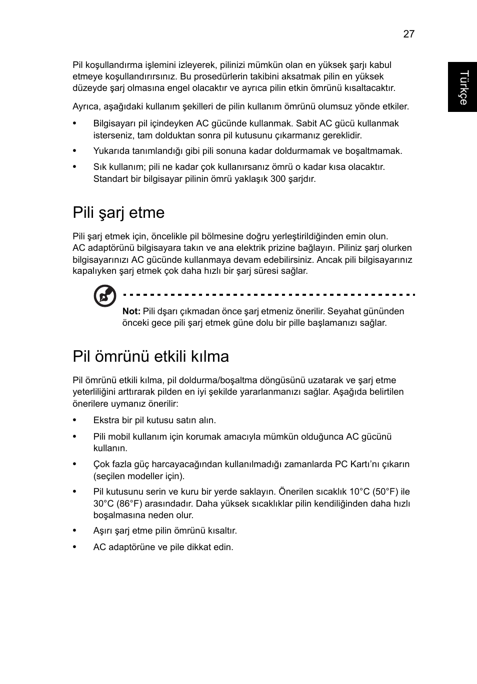 Pili şarj etme, Pil ömrünü etkili kılma | Acer Aspire V5-571G User Manual | Page 2061 / 2484