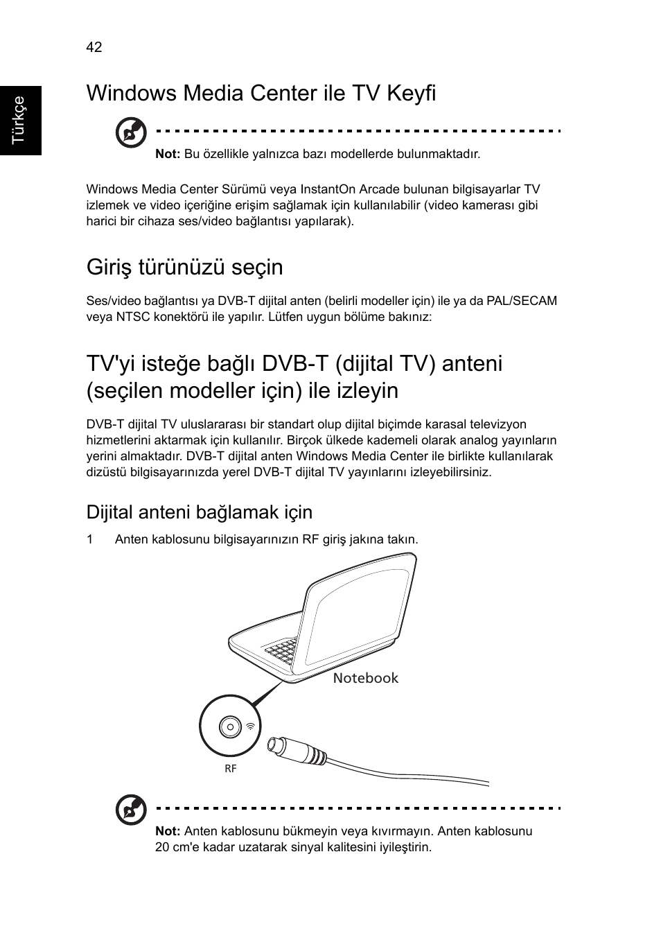 Windows media center ile tv keyfi, Giriş türünüzü seçin, Dijital anteni bağlamak için | Acer Aspire V5-571G User Manual | Page 2076 / 2484