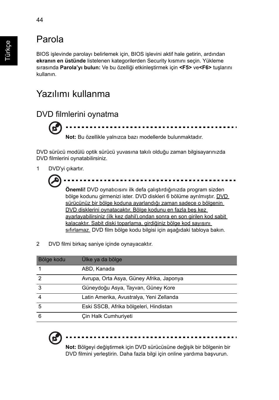 Yazılımı kullanma, Parola, Dvd filmlerini oynatma | Acer Aspire V5-571G User Manual | Page 2078 / 2484