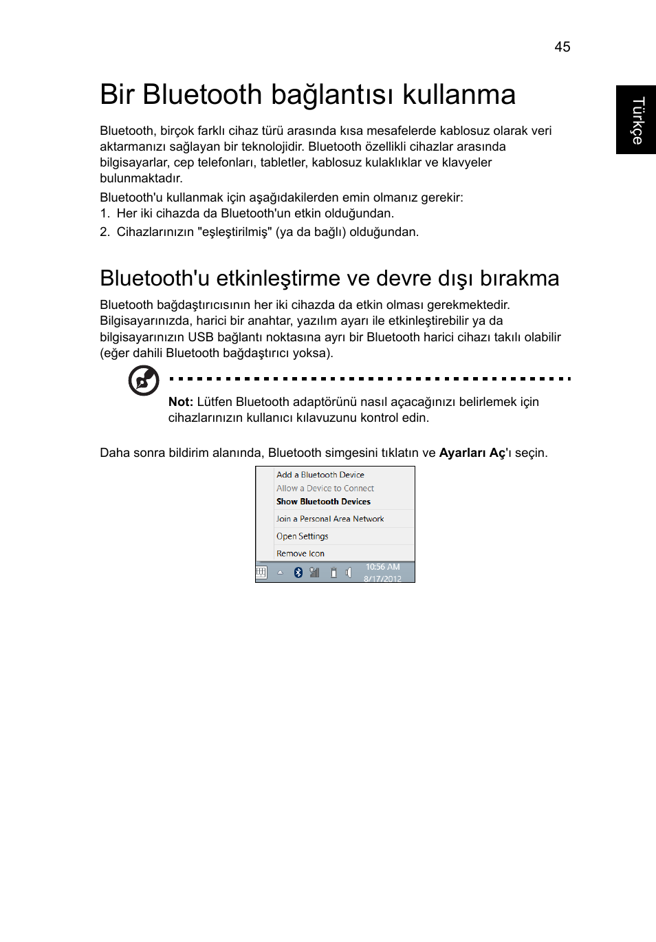 Bir bluetooth bağlantısı kullanma, Bluetooth'u etkinleştirme ve devre dışı bırakma | Acer Aspire V5-571G User Manual | Page 2079 / 2484