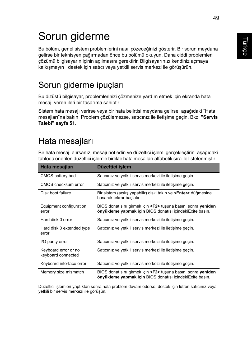 Sorun giderme, Sorun giderme ipuçları, Hata mesajları | Türkçe | Acer Aspire V5-571G User Manual | Page 2083 / 2484