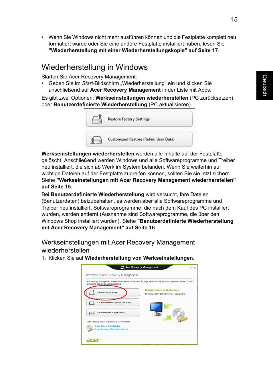 Wiederherstellung in windows | Acer Aspire V5-571G User Manual | Page 209 / 2484