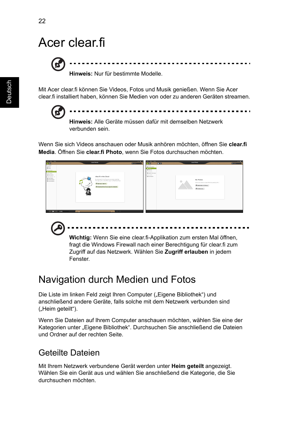 Acer clear.fi, Navigation durch medien und fotos, Geteilte dateien | Acer Aspire V5-571G User Manual | Page 216 / 2484