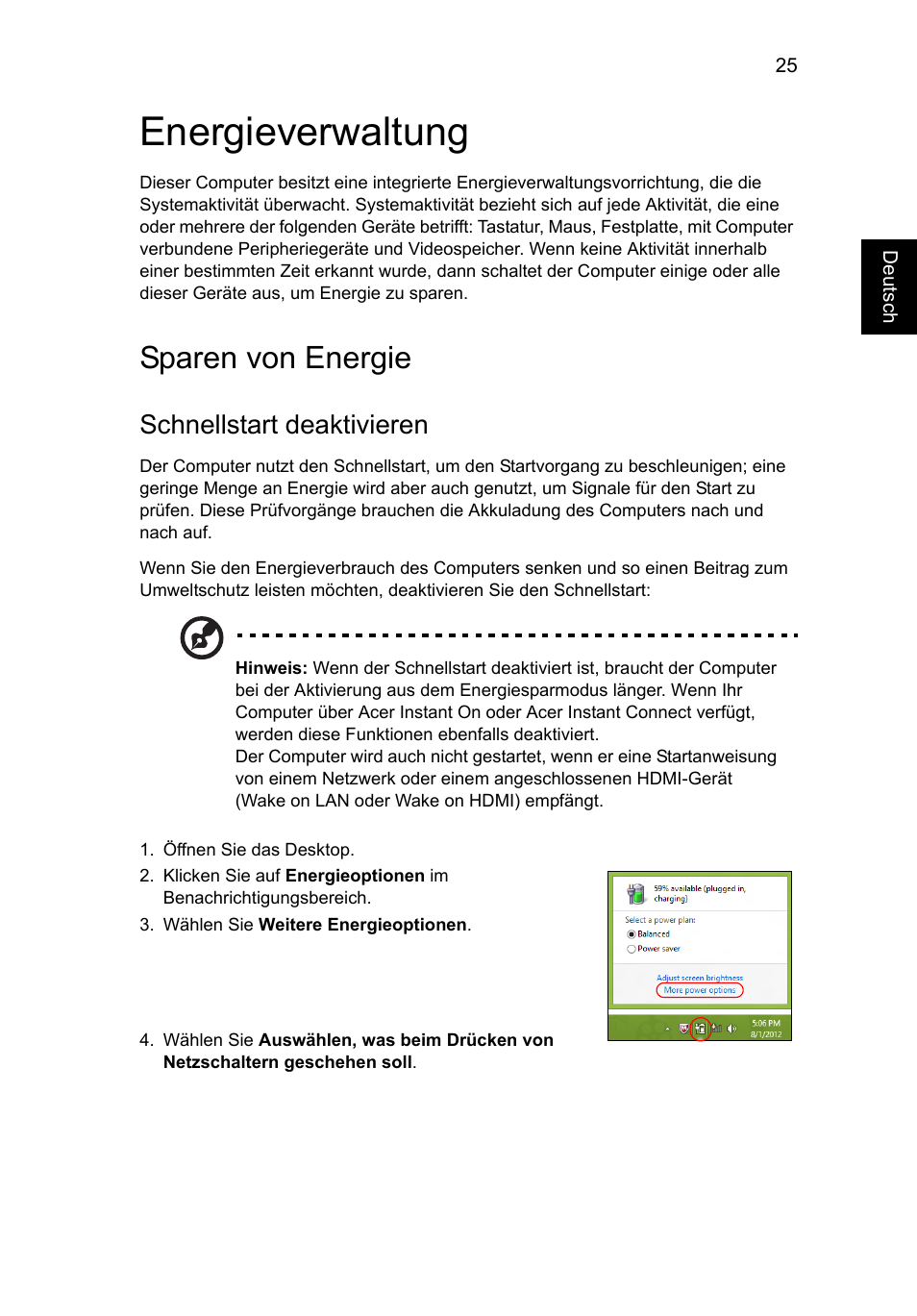 Energieverwaltung, Sparen von energie, Schnellstart deaktivieren | Acer Aspire V5-571G User Manual | Page 219 / 2484