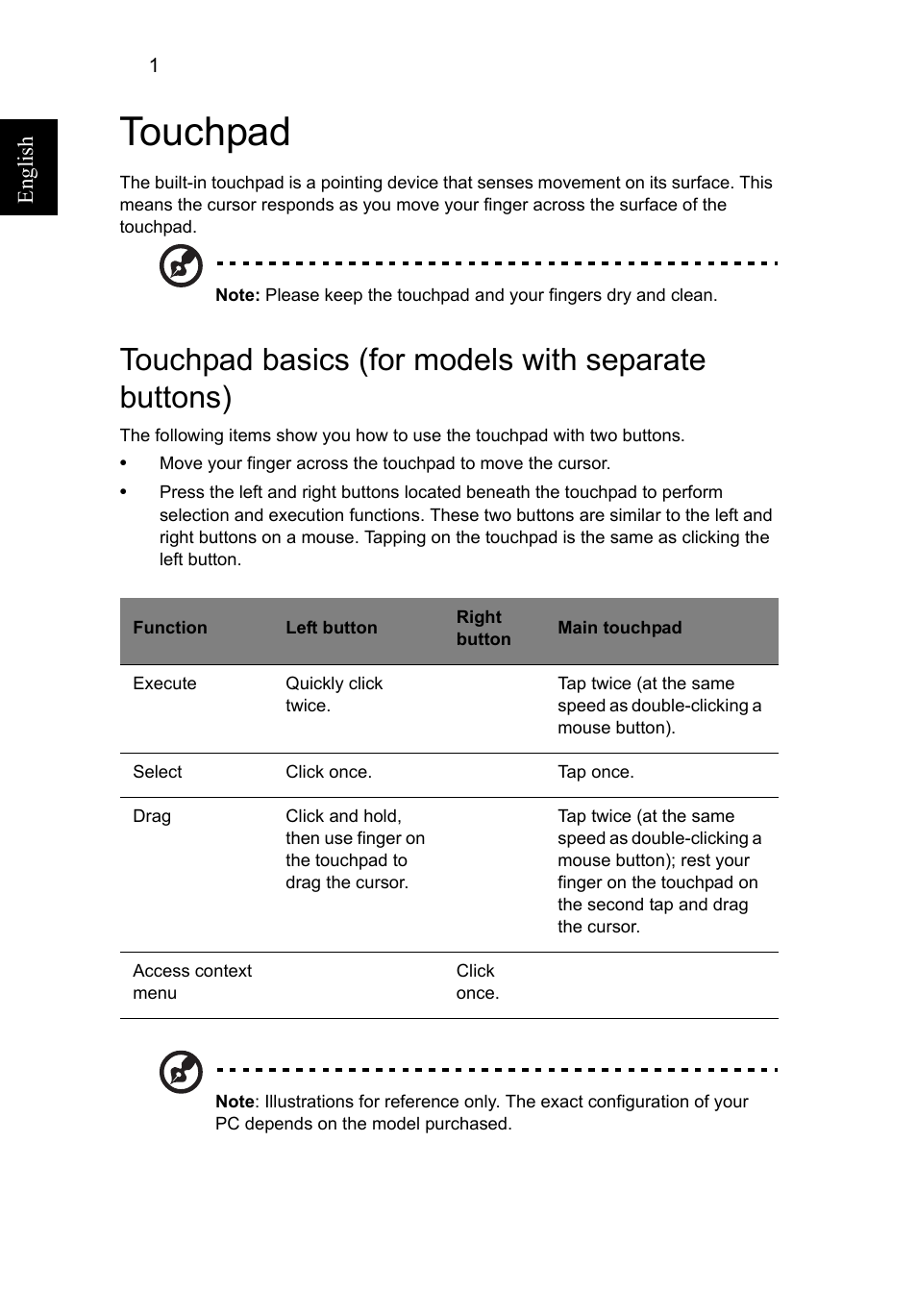 Touchpad, Touchpad basics (for models with separate buttons) | Acer Aspire V5-571G User Manual | Page 22 / 2484