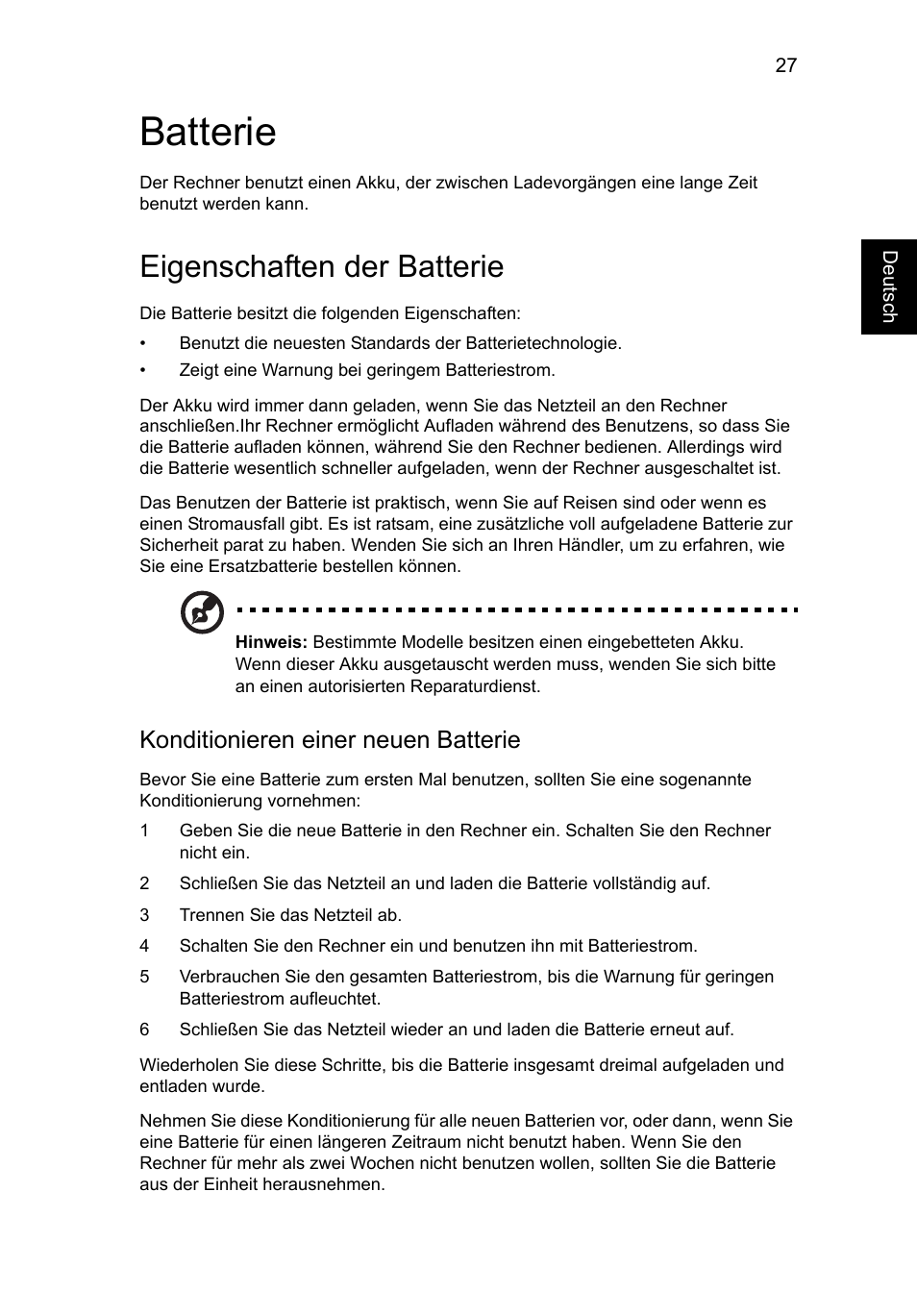 Batterie, Eigenschaften der batterie, Konditionieren einer neuen batterie | Acer Aspire V5-571G User Manual | Page 221 / 2484