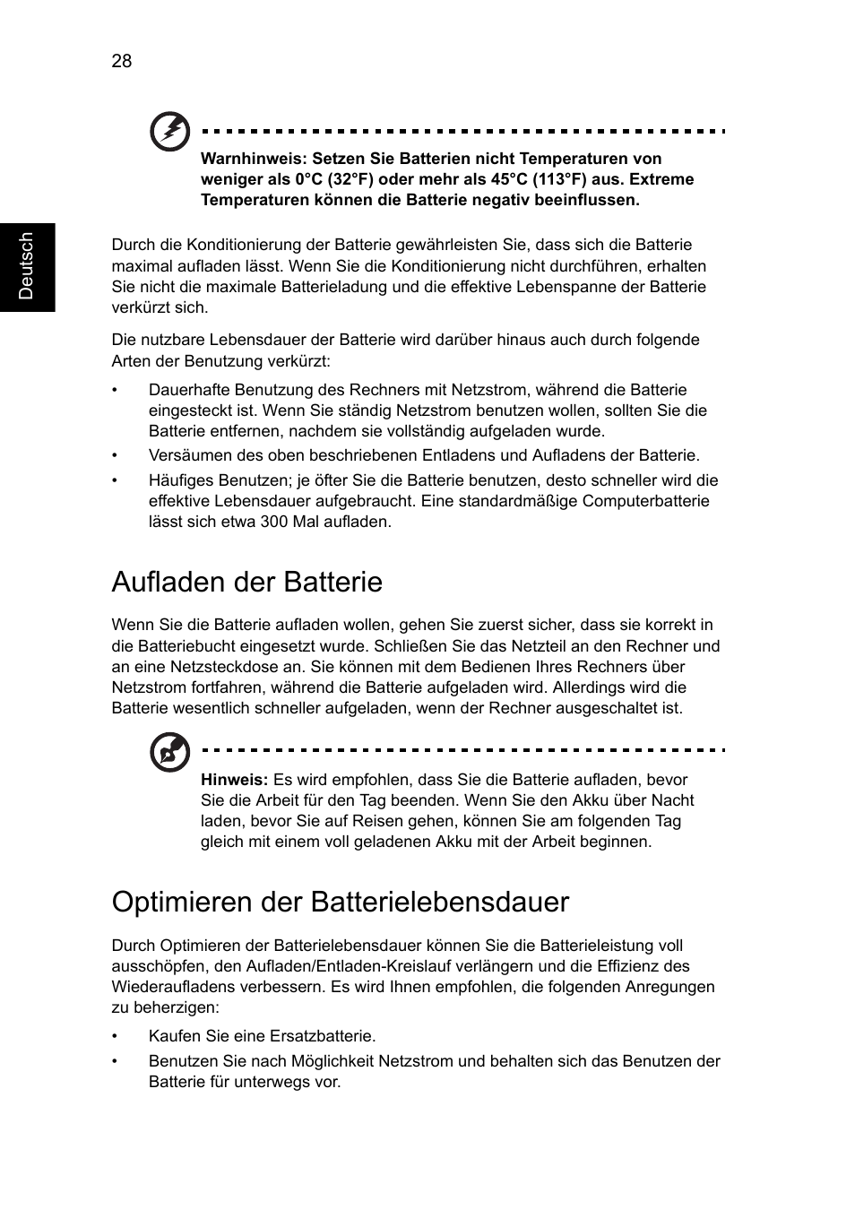 Aufladen der batterie, Optimieren der batterielebensdauer | Acer Aspire V5-571G User Manual | Page 222 / 2484