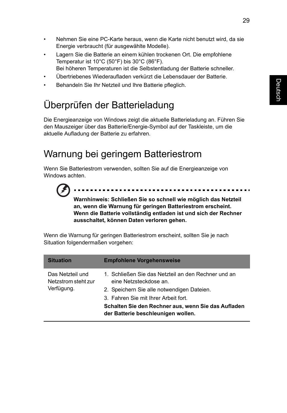 Überprüfen der batterieladung, Warnung bei geringem batteriestrom | Acer Aspire V5-571G User Manual | Page 223 / 2484