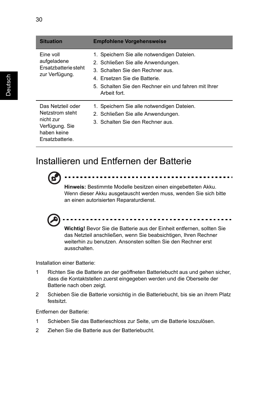 Installieren und entfernen der batterie | Acer Aspire V5-571G User Manual | Page 224 / 2484