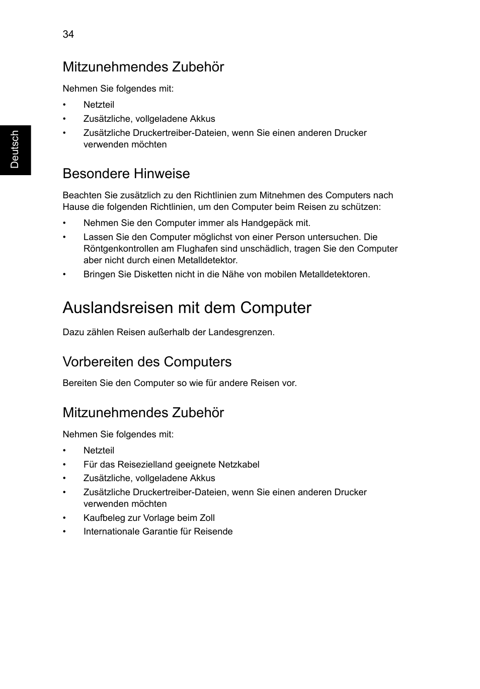 Auslandsreisen mit dem computer, Mitzunehmendes zubehör, Besondere hinweise | Vorbereiten des computers | Acer Aspire V5-571G User Manual | Page 228 / 2484