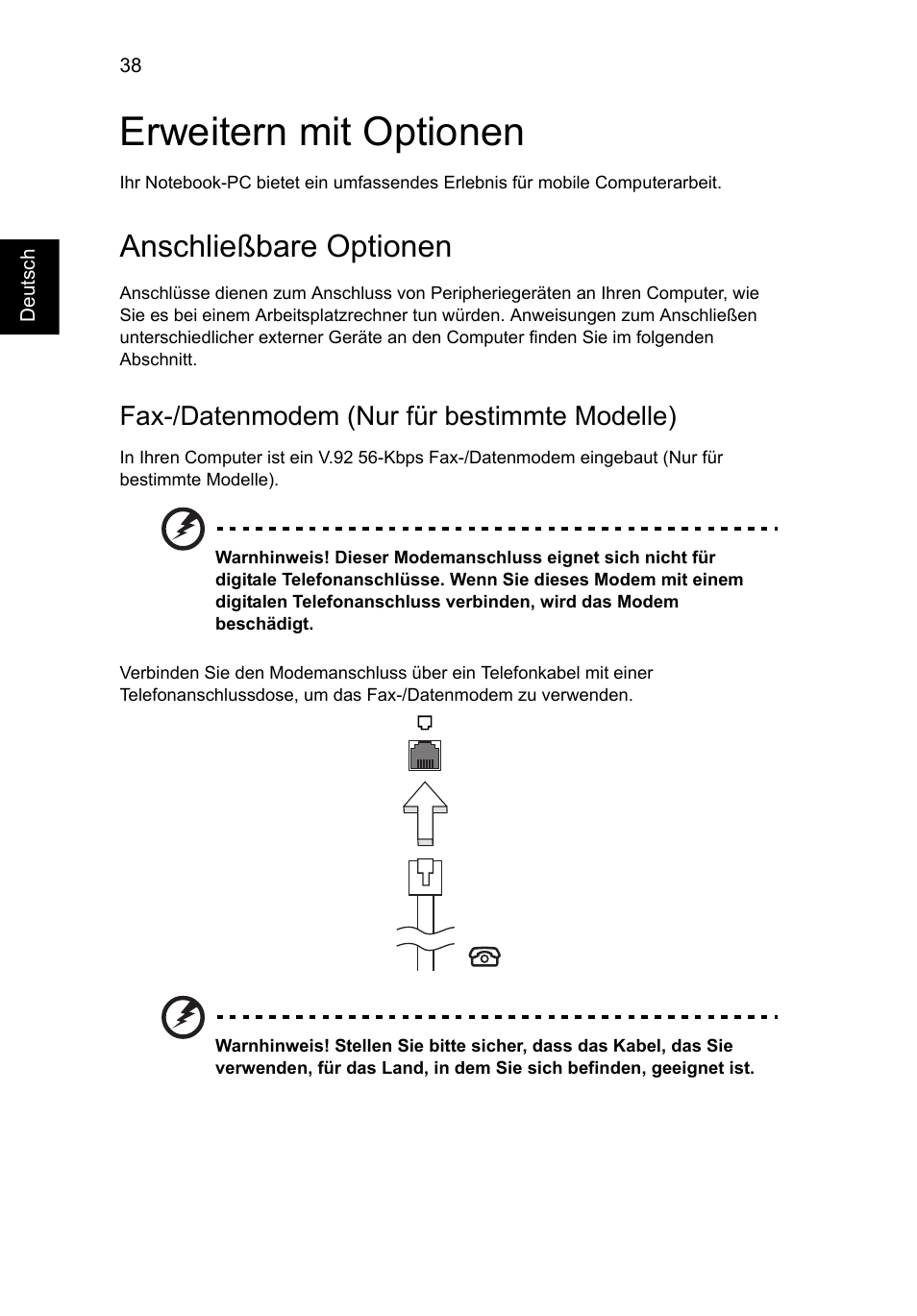 Erweitern mit optionen, Anschließbare optionen, Fax-/datenmodem (nur für bestimmte modelle) | Acer Aspire V5-571G User Manual | Page 232 / 2484