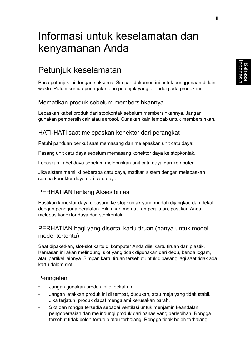 Informasi untuk keselamatan dan kenyamanan anda, Petunjuk keselamatan | Acer Aspire V5-571G User Manual | Page 2321 / 2484