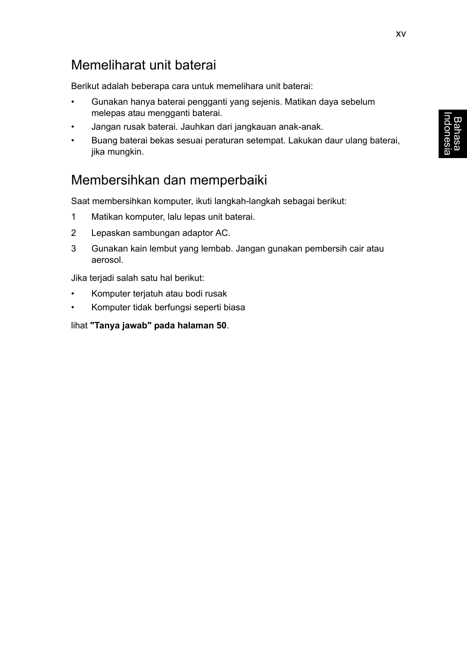 Memeliharat unit baterai, Membersihkan dan memperbaiki | Acer Aspire V5-571G User Manual | Page 2333 / 2484