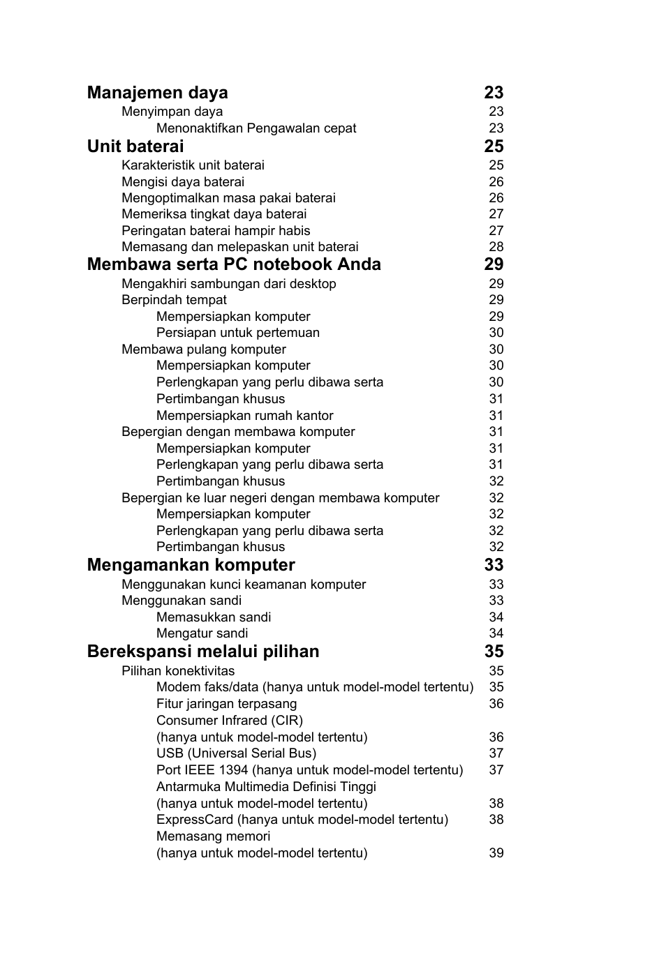 Manajemen daya 23, Unit baterai 25, Mengamankan komputer 33 | Berekspansi melalui pilihan 35 | Acer Aspire V5-571G User Manual | Page 2336 / 2484