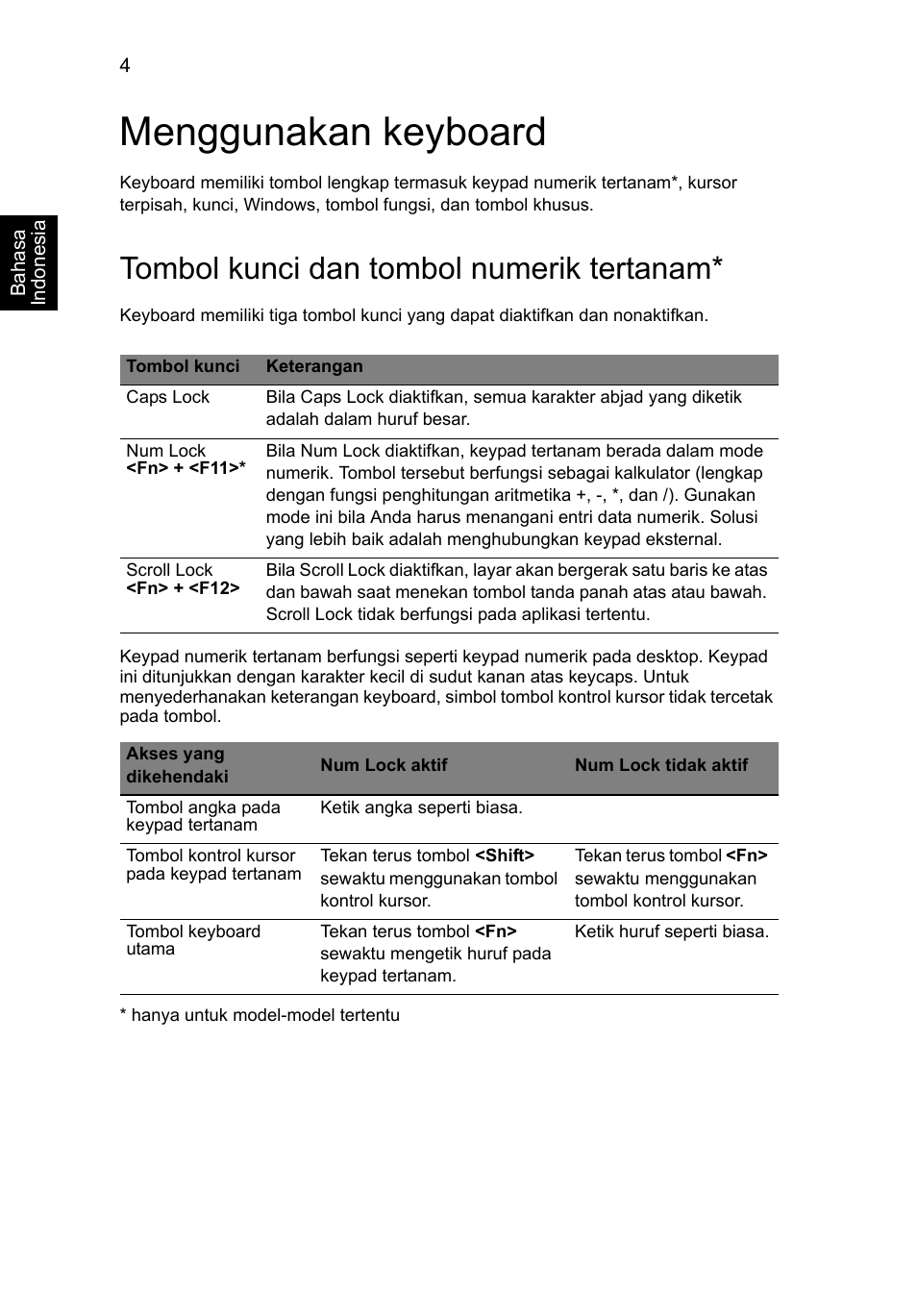 Menggunakan keyboard, Tombol kunci dan tombol numerik tertanam | Acer Aspire V5-571G User Manual | Page 2342 / 2484