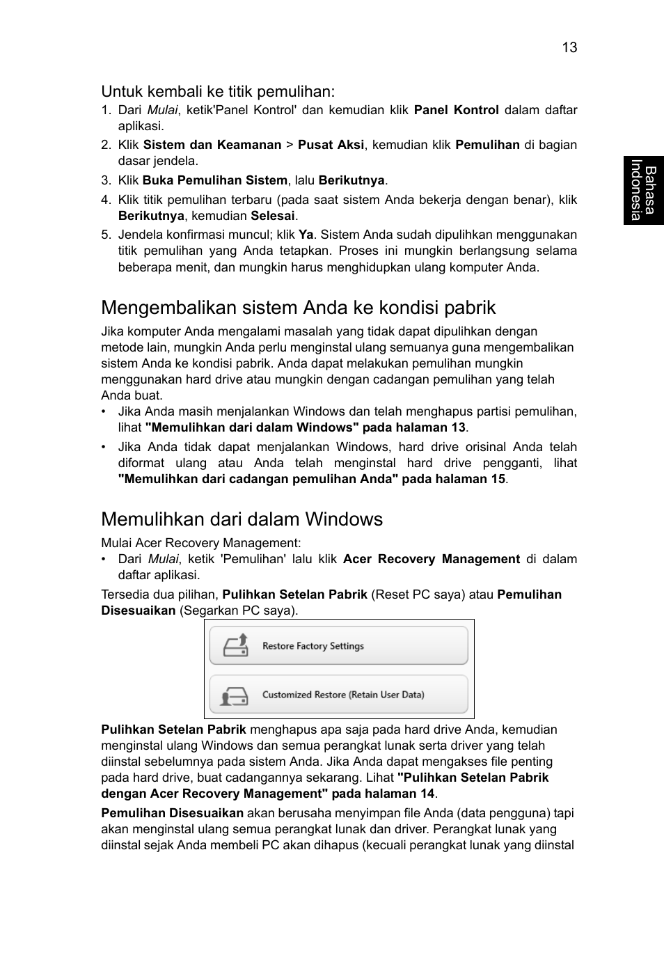 Mengembalikan sistem anda ke kondisi pabrik, Memulihkan dari dalam windows | Acer Aspire V5-571G User Manual | Page 2351 / 2484