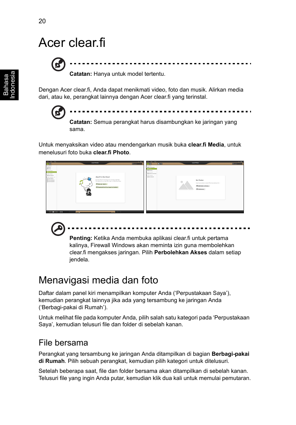 Acer clear.fi, Menavigasi media dan foto, File bersama | Acer Aspire V5-571G User Manual | Page 2358 / 2484