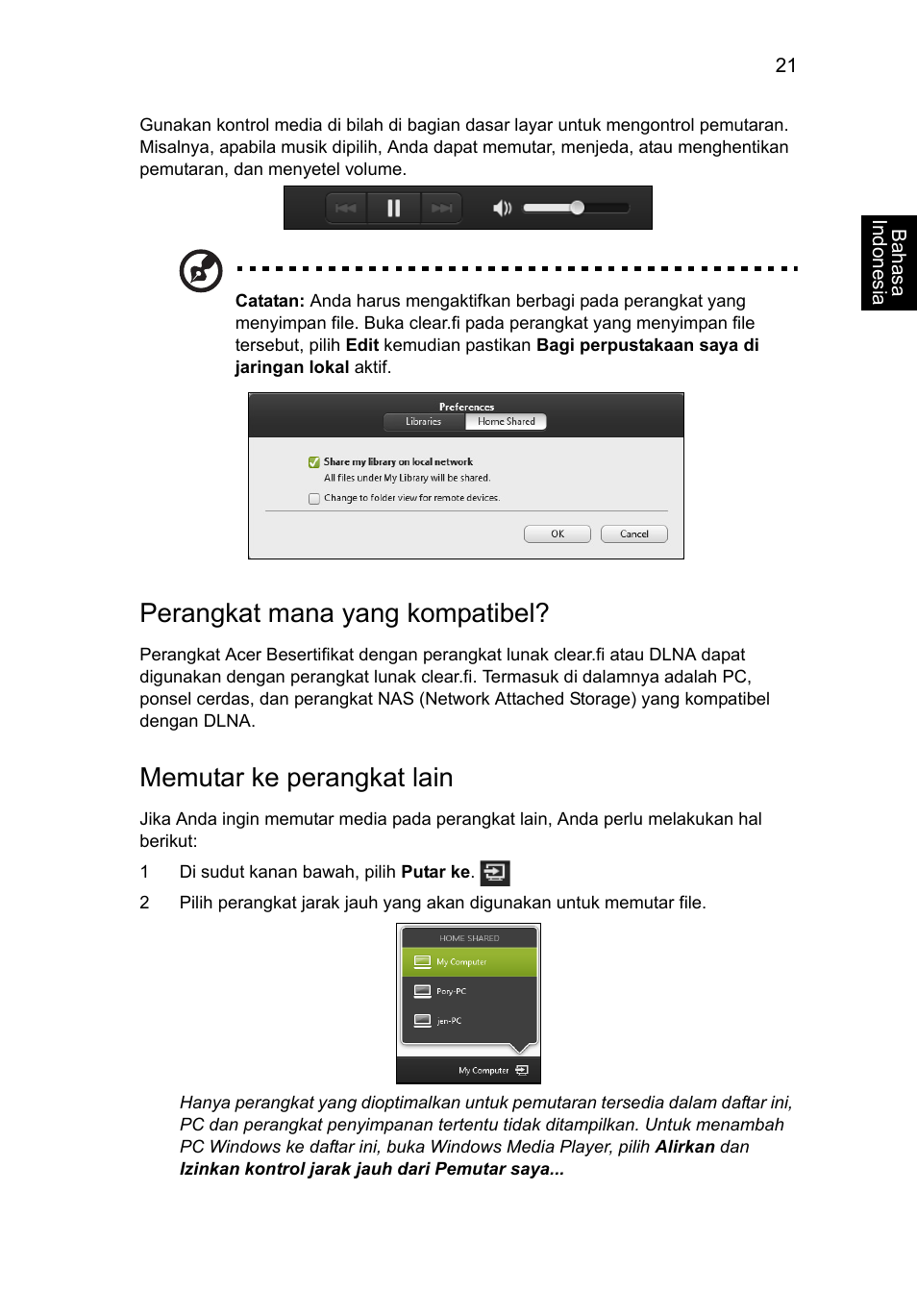 Perangkat mana yang kompatibel, Memutar ke perangkat lain | Acer Aspire V5-571G User Manual | Page 2359 / 2484