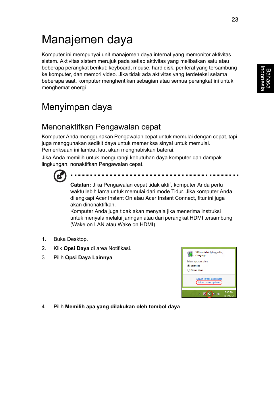 Manajemen daya, Menyimpan daya, Menonaktifkan pengawalan cepat | Acer Aspire V5-571G User Manual | Page 2361 / 2484