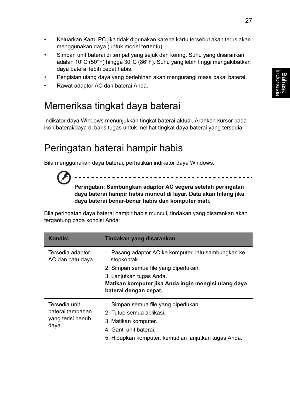 Memeriksa tingkat daya baterai, Peringatan baterai hampir habis | Acer Aspire V5-571G User Manual | Page 2365 / 2484